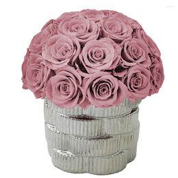 Flores decorativas Rosas preservadas en jarrón de cerámica con diseño plateado, flor natural eterna real, decoración interior para el hogar, madres, San Valentín