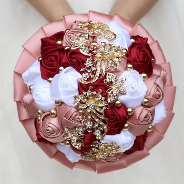 Producto de flores decorativas, ramo de rosas de satén para novia, diamantes de imitación dorados, flor de boda, damas de honor, decoración de mano, elegante cristal nupcial