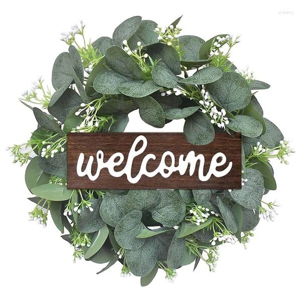 Promotion Fleurs Décoratives !Couronne d'eucalyptus artificielle de 11 pouces, bienvenue avec panneau en bois et feuilles pour la décoration de la porte d'entrée