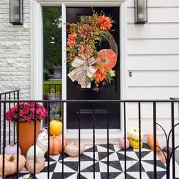 Flores decorativas, corona de otoño de calabaza para puerta delantera, diseño único artesanal, decoraciones rústicas de Acción de Gracias, coronas para el hogar