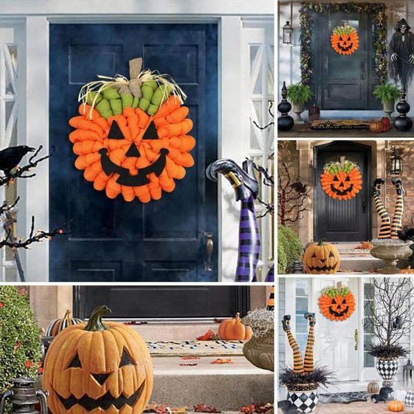 Colgante de calabaza con flores decorativas, decoración colgante, corona de Halloween, colgador de puerta con cara de fantasma sin decoloración para interior y exterior del hogar