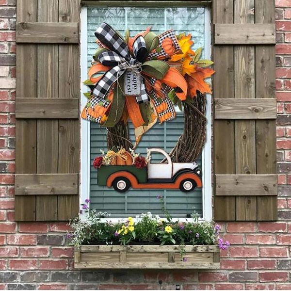 Fleurs décoratives citrouille camion couronne automne pour porte d'entrée ferme frais signe automne décoration Halloween volé plaque de porte décor