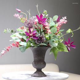 Decoratieve bloemen paarse clematis chrysanthemum (1 set met vaas) kunstmatige bloem arrangement bonsai ontworpen kerst middelpunt -