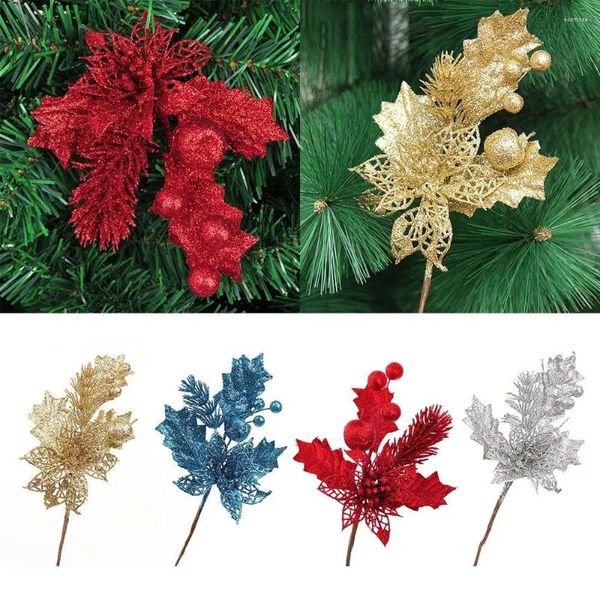 Flores decorativas PVC Ramas de pino artificial Diy Hollow Out Glitter Glitter El árbol de Navidad Decoración de hojas simuladas