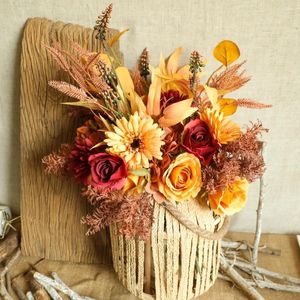 Fleurs décoratives QSM automne couleur Bouquet Roses artificielles fausses plantes vertes Orange pour fête de mariage décorations florales à la maison