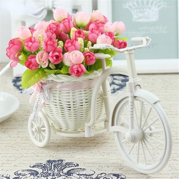 Dekorative Blumen Rattan-Fahrradvase mit Seide, bunter Mini-Rosenblumenstrauß, Gänseblümchen, künstliche Blumen für Zuhause, Hochzeitsdekoration