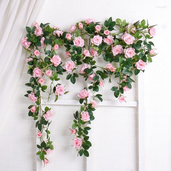 Flores decorativas Real Touch Artificial Rose Ivy Vine Flor de seda Ramas de árboles Guirnalda con hojas Decoración de la boda para colgar en la pared del hogar