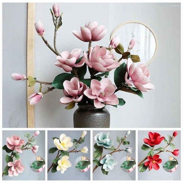 Fleurs décoratives Real Touch Magnolia Flower Branch Fake Flexible Flexible Handmade Big 4 Heads Artificial Home Wedding Decor