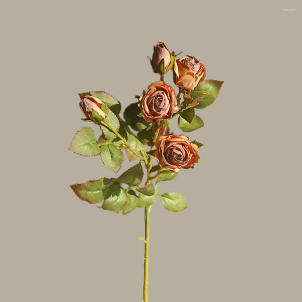 Branches de roses artificielles réalistes, fleurs décoratives avec bord brûlé, feuilles vertes pour décoration de maison, fête de mariage