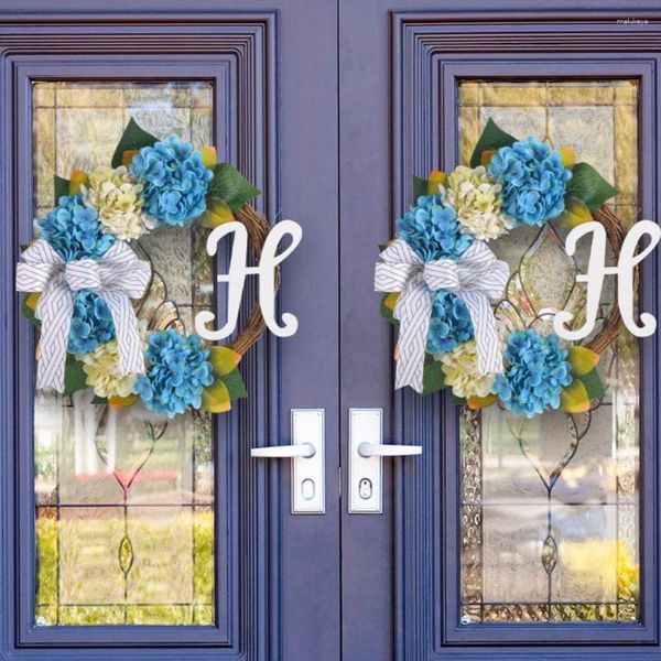 Flores decorativas, hortensia realista, corona con lazo, decoración elegante para puerta de boda de ratán con cartel de bienvenida, accesorio de flor de vacaciones