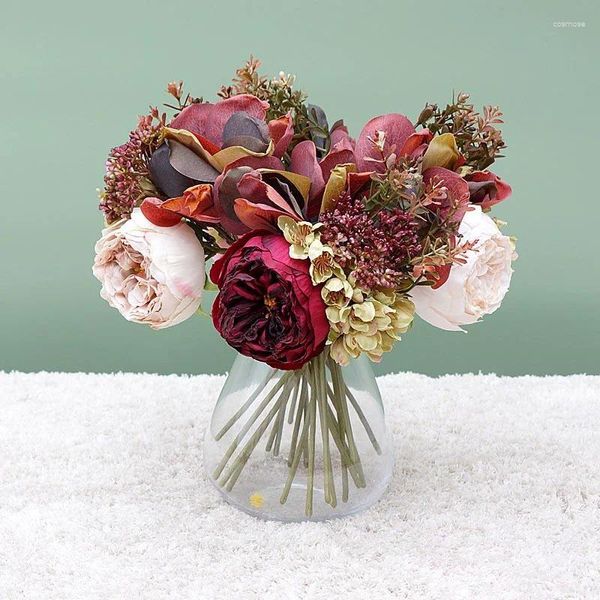 Fleurs décoratives rouge soie artificielle grand bouquet de pivoines de haute qualité décoration de la maison automne arrangement de mariage noël grande fausse plante