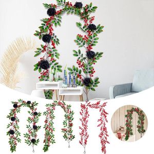 Decoratieve bloemen Rode Berry slinger met groene bladeren bedraad kerst rustieke takje kunstmatige hoepel krans