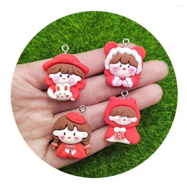 Flores decorativas Red Flatback Kawaii Mini Girls Head Artificial Cartoon Style Pegatinas Hermosas cuentas felices para decorar palo