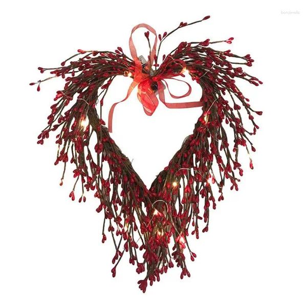 Flores decorativas, corona de corazón de amor rojo con luces LED, guirnaldas de puerta para el Día de San Valentín, decoración de pared bonita para habitación, boda frontal
