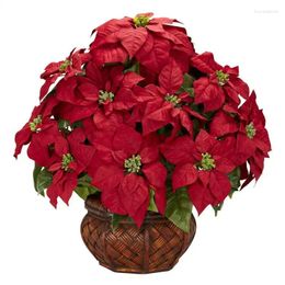 Flores Decorativas Poinsettia Roja Con Macetero Arreglo Floral Artificial