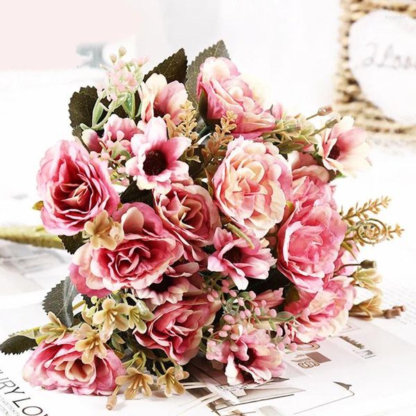 Fleurs décoratives Rose rouge Bouquet de mariée artificielle Multi couleur fausse fleur bricolage maison noël fête de mariage Table Vase décoration de chambre
