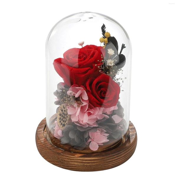 Fleurs décoratives Rose rouge artificielle dans le dôme de verre maison mariage saint valentin cadeau des mères fleur éternelle avec lumière LED