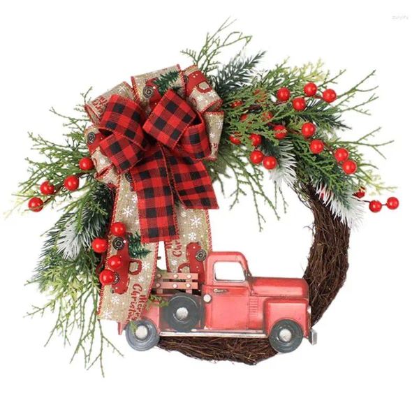 Fleurs décoratives Red Truck Farmhouse Wreath Creative Front Door avec de grands ornements d'arc pour les portes de balustrade Porche