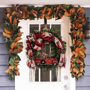 Decoratieve bloemen Rode Truck Retro Kerstkrans Bow met Kerstmis Welkom Sign Feestelijk en Berry Front Door Navidad #40