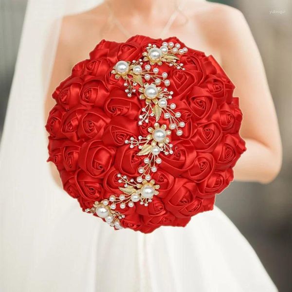 Fleurs décoratives Bouquet de mariage rouge strass mariée et demoiselle d'honneur main à la main décoration de fête nuptiale