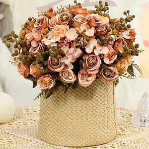 Fleurs décoratives rétro pivoine artificielle soie grand bouquet vase cadeau faux rose pour la maison mariage fête de Noël jardin bricolage décoration