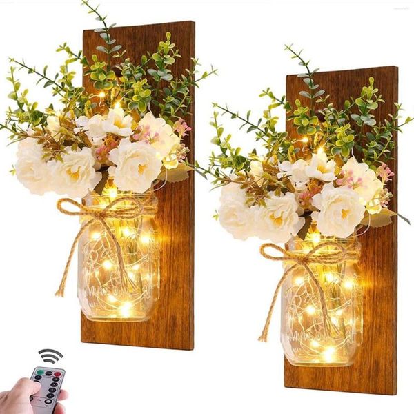 Flores decorativas Retro Madera Mason Jar Lámpara de pared Simulación Flor Peonía Rosa Enviar bayas remotas Artificial en maceta