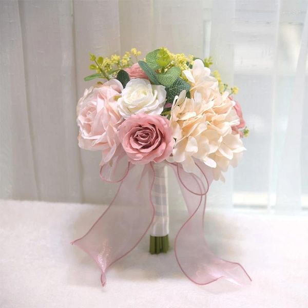 Fleurs décoratives ruban Bouquets de Mariage mariée tenant Roses demoiselle d'honneur Bouquet hortensia artificielle mariée Mariage accessoires