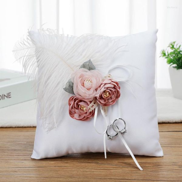 Flores decorativas, soporte de anillo de boda nupcial romántico, almohada con penacho, cinta hecha a mano, cojín, decoración sin anillos