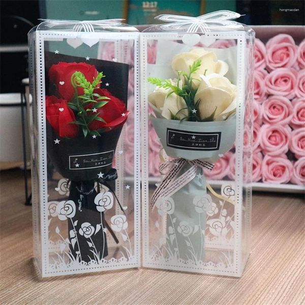 Bouquet de roses artificielles à 3 têtes, fleurs décoratives romantiques, cadeau de saint-valentin, fleur de savon en boîte, décor de mariage pour petite amie