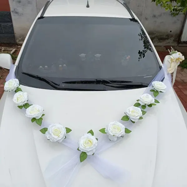 Fleurs décoratives Fleur artificielle de rose blanche romantique avec rubans voiture de mariage Mothercade Motorcade Décoration Porte de porte Silk