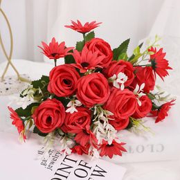 Decoratieve bloemen Rose kunstboeket 33cm lengte 5 hoofden zijde nep voor huwelijksceremonie Home Decor tafel feestvaas