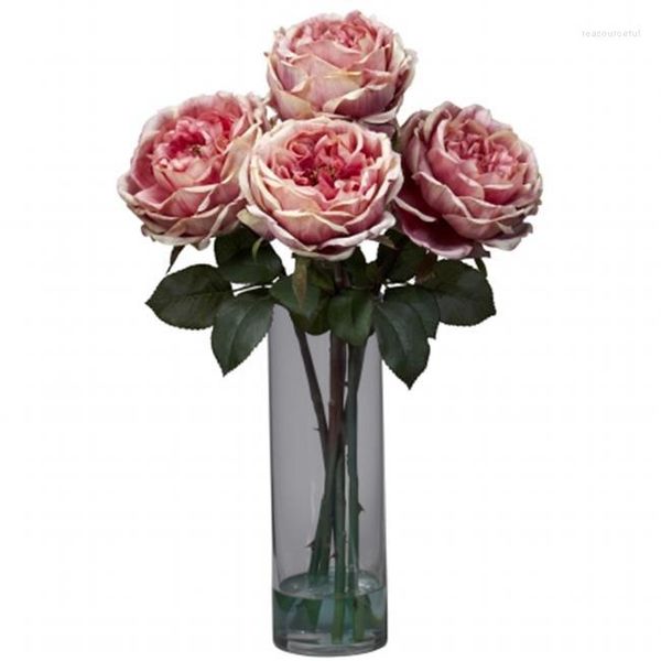 Fleurs décoratives Rose Arrangement de fleurs artificielles avec Vase cylindrique vente en gros Roses blanches sèches bleu artificiel