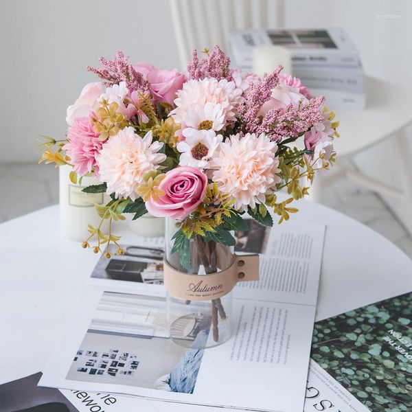 Fleurs décoratives Rose fleur artificielle haute qualité luxe Bouquet marguerite mariage décoration maison Table bleu ciel faux hortensia