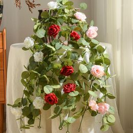 Fleurs décoratives rose rose artificiel guirlande romantique de mariage maison décoration de fleur de soie murs de fleur de soie vignes suspendues accessoires de table de fête