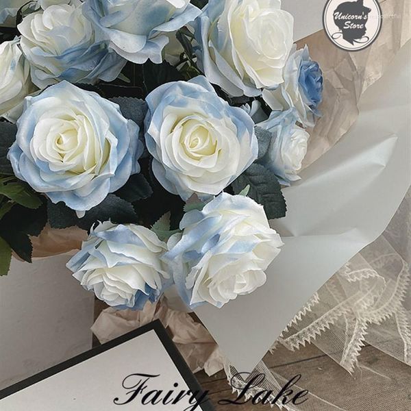 Fleurs décoratives Rose Bouquet Artificielle Faux Soie Roses Bleu Fleur De Mariage Décoration De La Maison Parti Décor