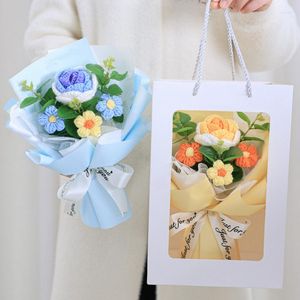 Fleurs décoratives Rose Crochet Bouquet De Fleurs Artificielles Avec Sac D'emballage Cadeau Fini Pour Mère Petite Amie Immortelle Décor Séché