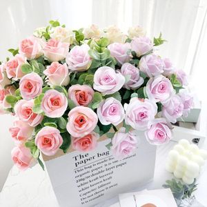Fleurs décoratives Rose Bouquet De Fleurs Artificielle Blanc Rouge Décoration De Mariage 11 Têtes De Soie Faux Roses Flores Décor À La Maison Bouquet