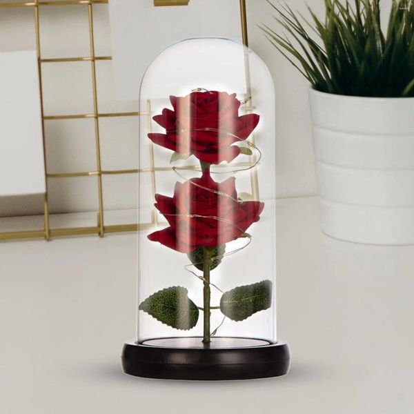 Fleurs décoratives Rose fleur cadeau pour les femmes Saint Valentin petite amie Valentine décor artisanat artificiel avec des lumières dans un dôme de verre