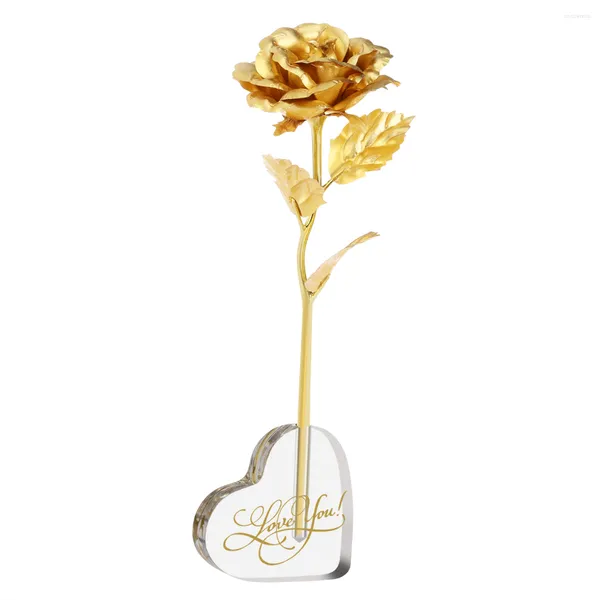 Flores decorativas Flor rosa Oro Regalo artificial 24K Soporte Hoja bañada en oro Adornos de amor Acrílico plateado Adorno del día de San Valentín