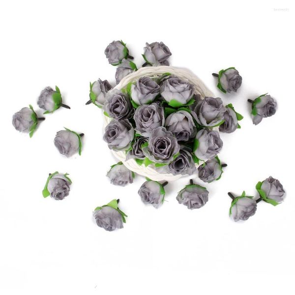 Fleurs décoratives Rose tête de fleur têtes artificielles faux mariage gris Rosesflowers en vrac tissu soie mariée hortensia douche Mini Bouquet