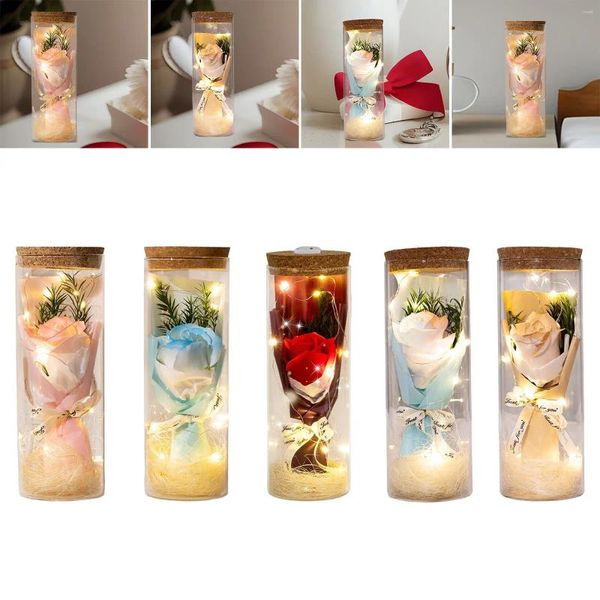 Fleurs décoratives Rose fleur en verre anniversaire lampe de chevet artificielle saint valentin cadeau année de souhait pour les femmes