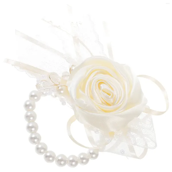 Fleurs décoratives Rose Flower Corsage Bridesmaid Pearl Bracelet Artificiel bracelet