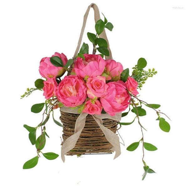 Flores decorativas Rosa Cestas para puerta delantera Guirnalda Perchas de primavera Simulaciones Decoraciones de cubo