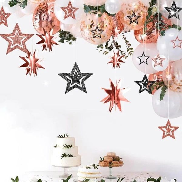 Fleurs décoratives Rose Or Noir Mariage 3D Étoile Guirlande Twinkle Petites Décorations de Saint Valentin Suspendus Toile de Fond Bannière Streamers