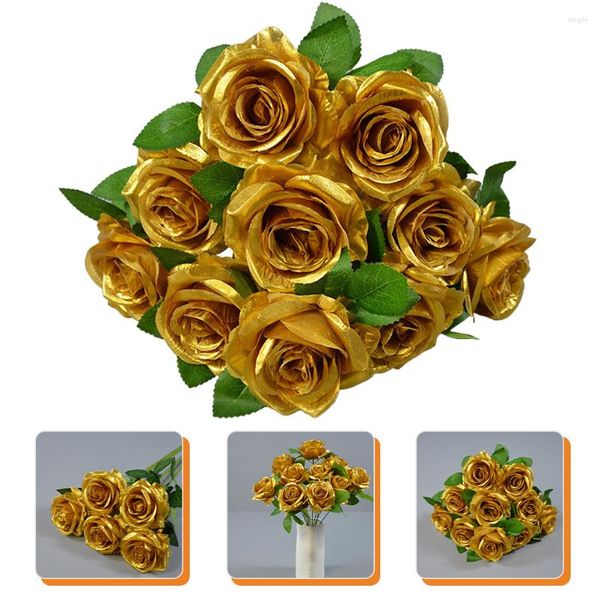 Fleurs décoratives en or Rose, arrangements floraux artificiels, faux Bouquet de Roses dorées en soie pour la maison