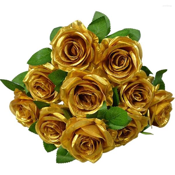 Fleurs décoratives Roses dorées, décorations artificielles, remplissage de Vase, centres de table, tiges dorées, soie séchée à l'automne