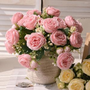 Fleurs décoratives Bouquet de soie rose rose Fleur artificielle Fleur artificielle 30cm petite maison 5 Big Head Bud Decoration 4 Mariage mariée W2J2