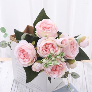 Fleurs décoratives Rose Rose Soie Pivoine Artificielle Grand Bouquet Fausse Fleur 5 Tête 4 Petit Bourgeon Bricolage Mariage Décoration De La Maison Accessoires