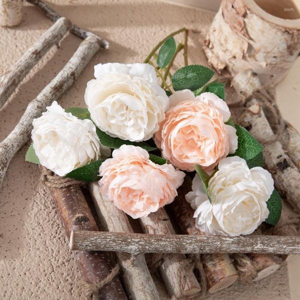 Fleurs décoratives Rose Rose Soie Pivoine Branche Artificielle Décor À La Maison Faux Grande Tête De Fleur Feuille Verte De Mariage Toile De Fond Décoration Murale