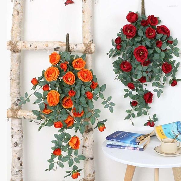 Fleurs décoratives Rose Rotin Belle Faux Fleur Soie Mur Suspendu DIY Roses Artificielles Jardin